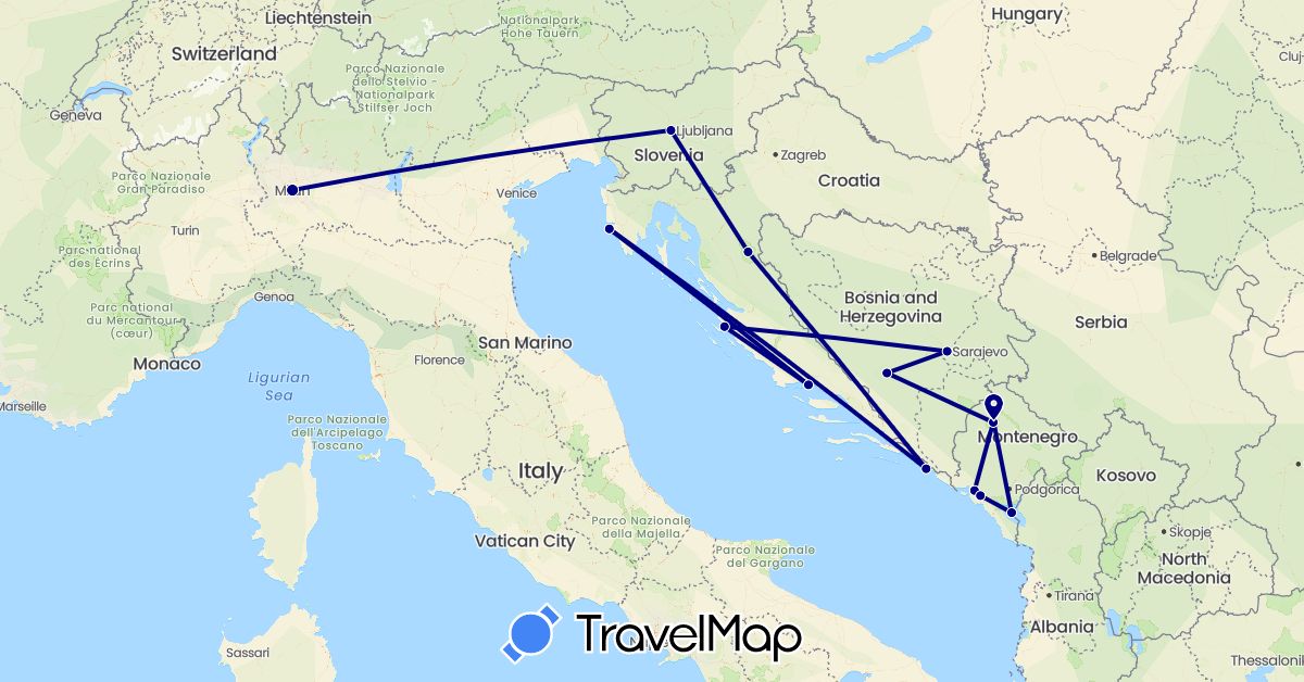 TravelMap itinerary: driving in Bosnia and Herzegovina, Croatia, Italy, Montenegro, Slovenia (Europe)